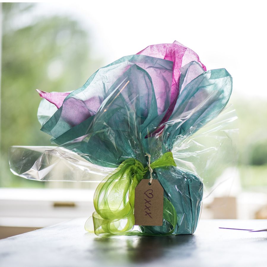 a gift wrapped mug with label