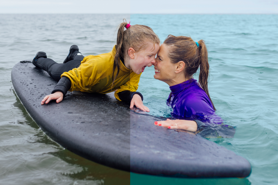 A split-screen comparison of a girl on a surfboard with her mother, showing one side unedited and the other vibrant using a top rated photo editor app with Photobox.