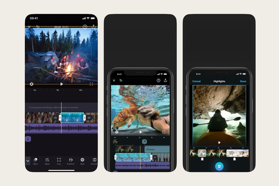 A smartphone showing the Splice video editor with its royalty-free music library and precision trimming tools, one of the best free video editing apps for mobile with Photobox.