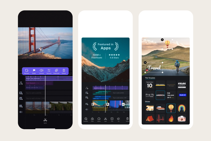 A smartphone screen showing the VN Video Editor with a multi-layer timeline and advanced editing tools, a recommended video editor app for pro-level features with Photobox.