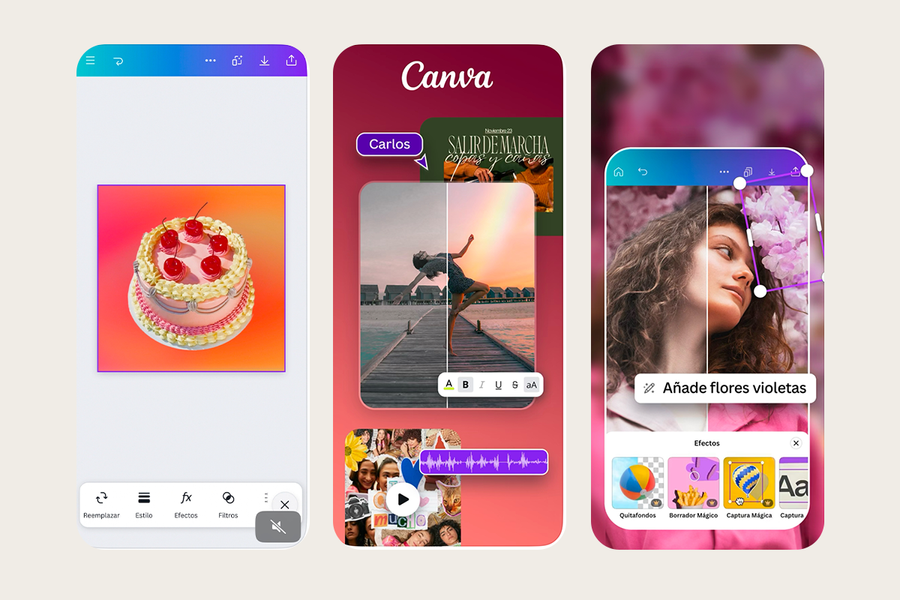 A smartphone screen showing the Canva video editor with various drag-and-drop templates, one of the best free video editing apps for quick and easy social media edits with Photobox.