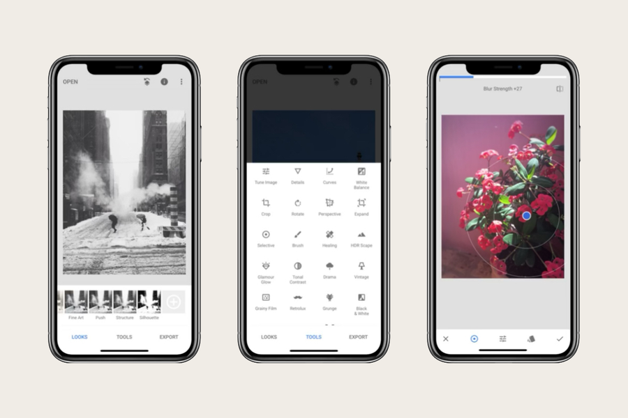 A smartphone screen showing the Snapseed interface with its various tools like fine-tune and healing, a recommended photo editor app for free photo editing with Photobox.