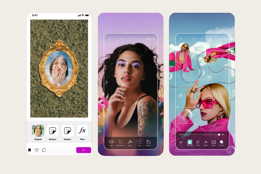 A smartphone screen showing the PicsArt app with various creative sticker overlays on a photo, a top rated photo editor app for fun designs with Photobox.