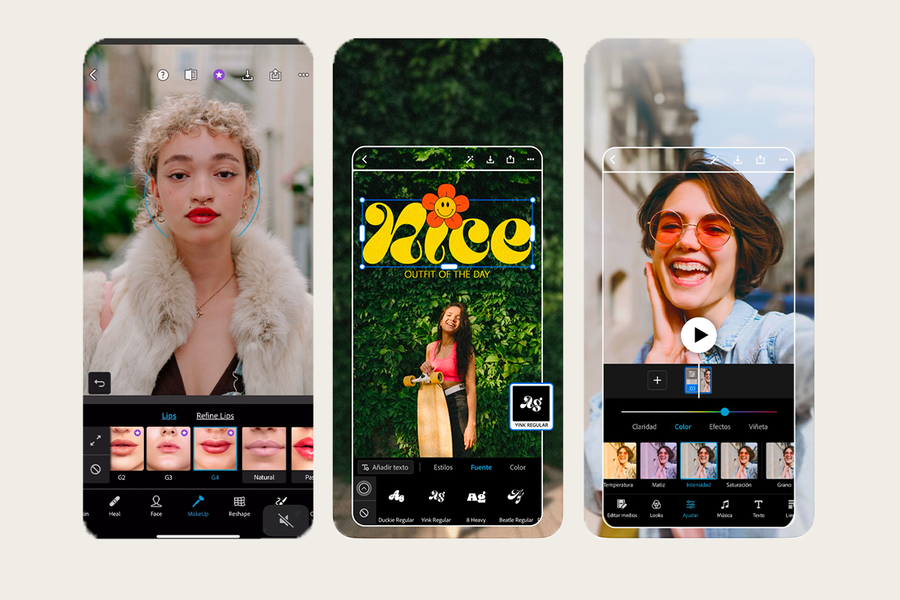 The Adobe Photoshop Express interface on a smartphone showing professional touch-up tools for brightness and hue, a recommended photo editor app with Photobox.