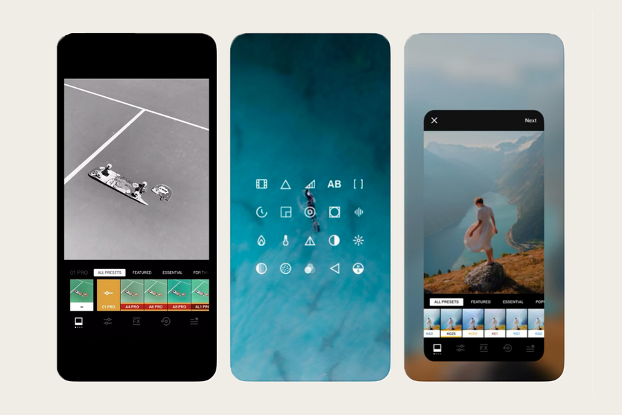 A smartphone screen showing the VSCO app interface with artistic film-like filters, a best photo editing app for creating a cinematic aesthetic with Photobox.