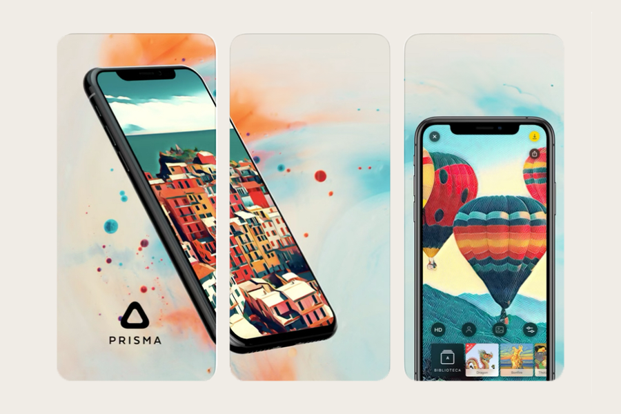 A smartphone screen showing the Prisma app turning a photo into a painting using AI art filters, a unique photo modification app for creative edits with Photobox.