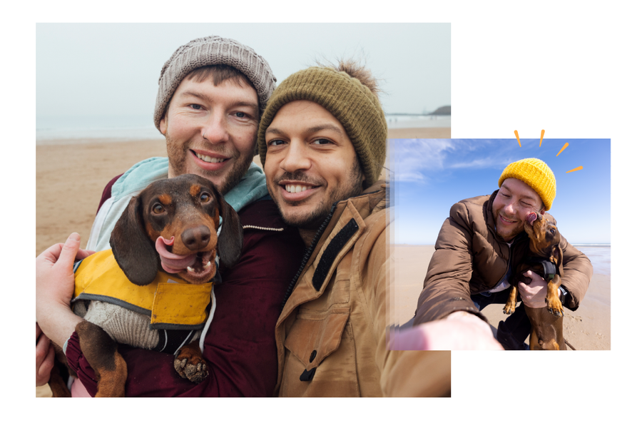 Two men hugging their dog, with a side-by-side comparison showing creative social media edits and fun elements using a free photo editing app with Photobox.