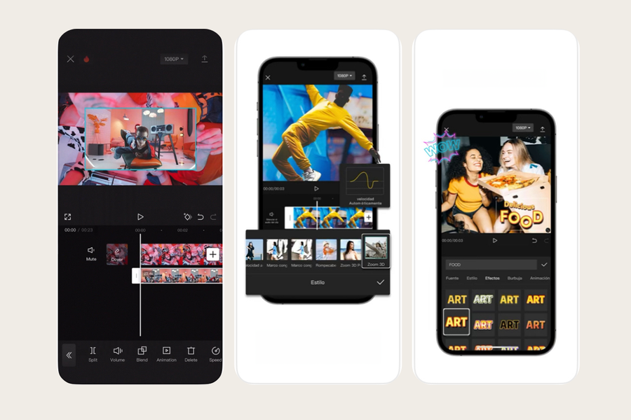 A smartphone showing the CapCut video editor timeline with trending transitions between clips, one of the best video editing apps for social media with Photobox.