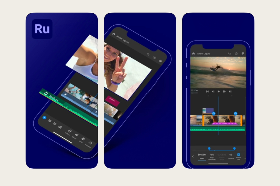 A smartphone screen showing the Adobe Premiere Rush interface with drag-and-drop video editing tools, a recommended video editing app for professional results with Photobox.