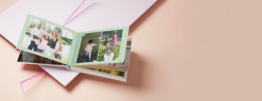 Photo book open showing family photos