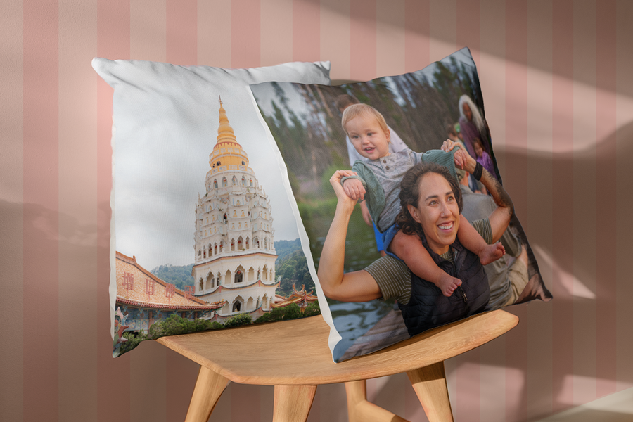 Two Photobox personalised cushions showing a landmark and a mother with her baby; a personalised mother's day gift for 2026.