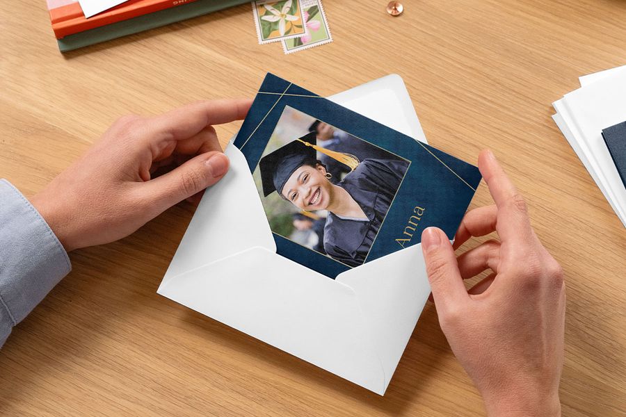 A custom Photobox graduation card with a photo of the graduate, ready to send to friends and family, inspiring graduation gift ideas and personalised graduation cards.
