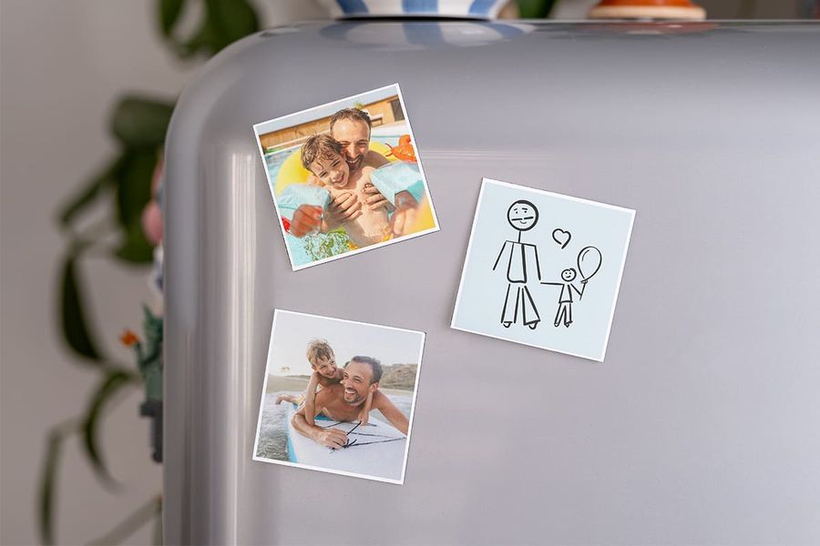 Fridge magnets from Photobox showing father and son surfing. Personalised gifts for dad.