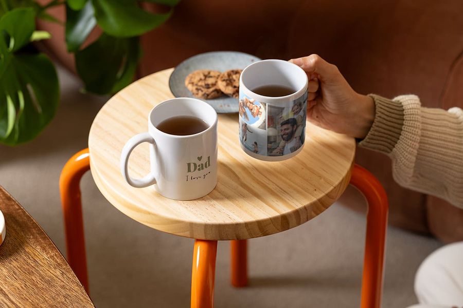 Personalised Photobox mugs for Father's Day; one with a photo and one saying 'Dad I love you'.