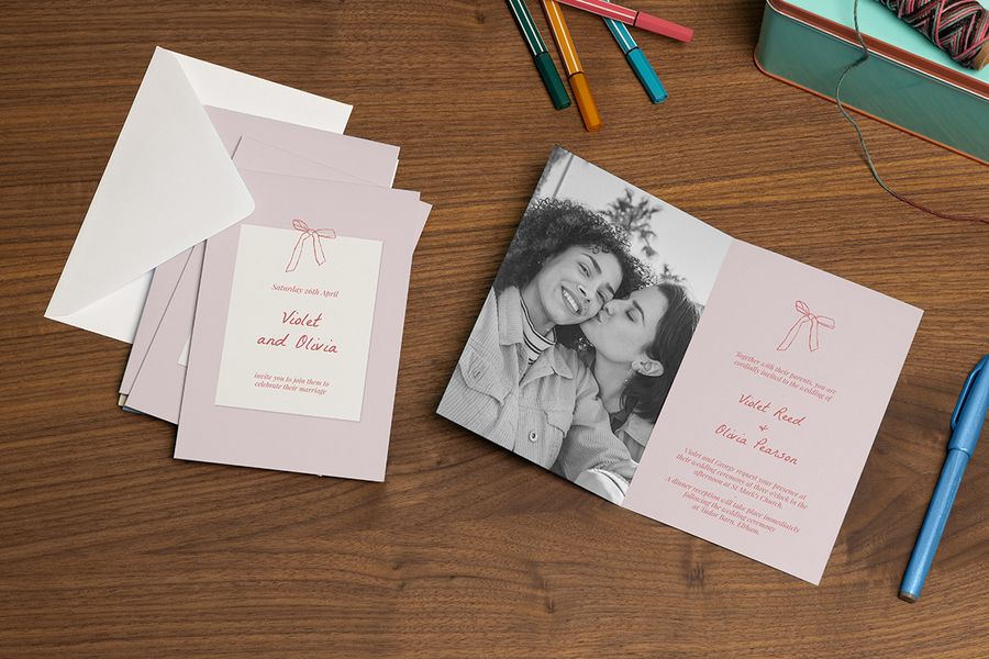 A pack of Photobox personalised wedding invitations on a table with a pen beside them, inspiring wedding invitation wording and what to write in a wedding card.