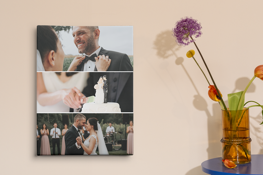 A wedding photo collage printed on canvas by Photobox, displaying three unique wedding moments.