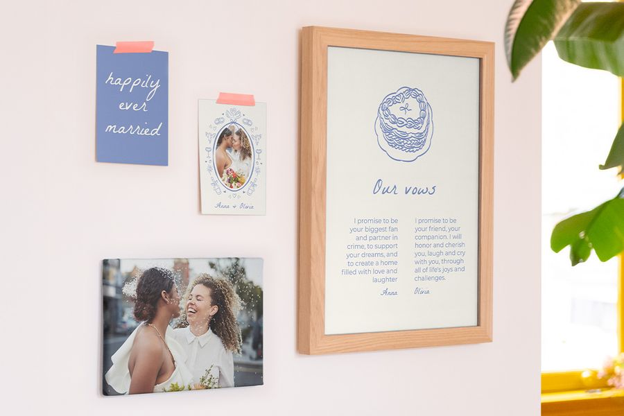 Wedding collage ideas from Photobox shown on a wall with a mix of posters, including a framed wedding invite, written vows, and a smiling couple's photo.