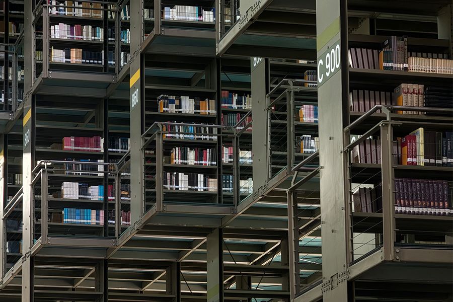 Vasconcelos Library in Mexico City, an industrial sci-fi megalibrary with floating bookshelves and a giant whale skeleton, a top destination for architecture photography and literary travel with Photobox.