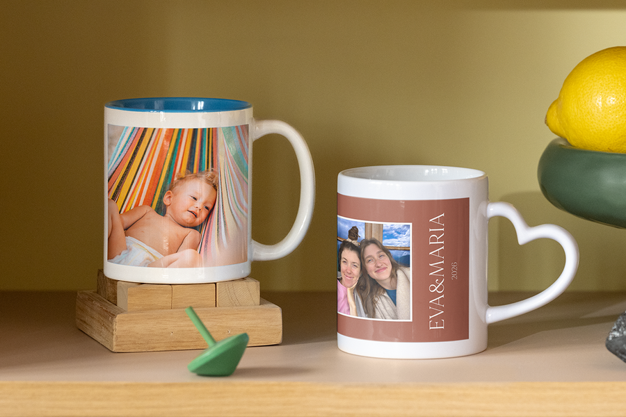 Two different personalised photo mugs with Easter designs, perfect for unique Easter gifts and personalised gift ideas from Photobox.