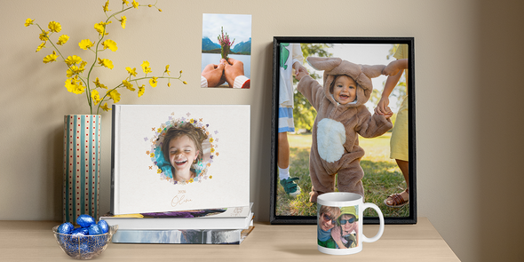 A header image showing a selection of personalised Easter gifts including a mug, a photobook, photo prints and wall art, providing inspiration for unique photo gifts for Easter from Photobox.