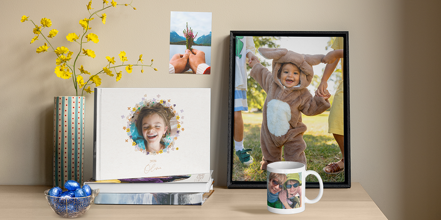 A header image showing a selection of personalised Easter gifts including a mug, a photobook, photo prints and wall art, providing inspiration for unique photo gifts for Easter from Photobox.