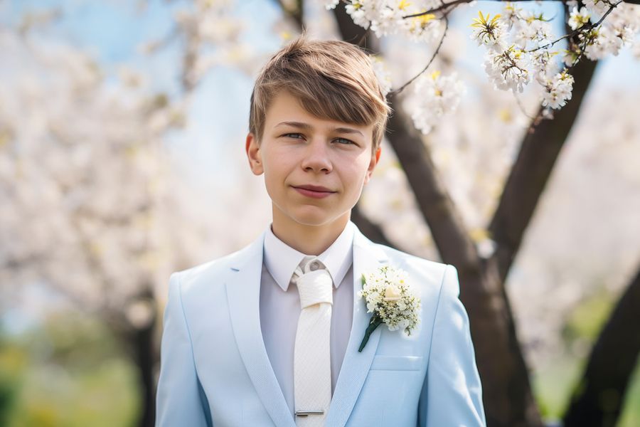 A young boy wearing a white formal suit for his communion, showing a classic first holy communion outfit for the special day with Photobox.
