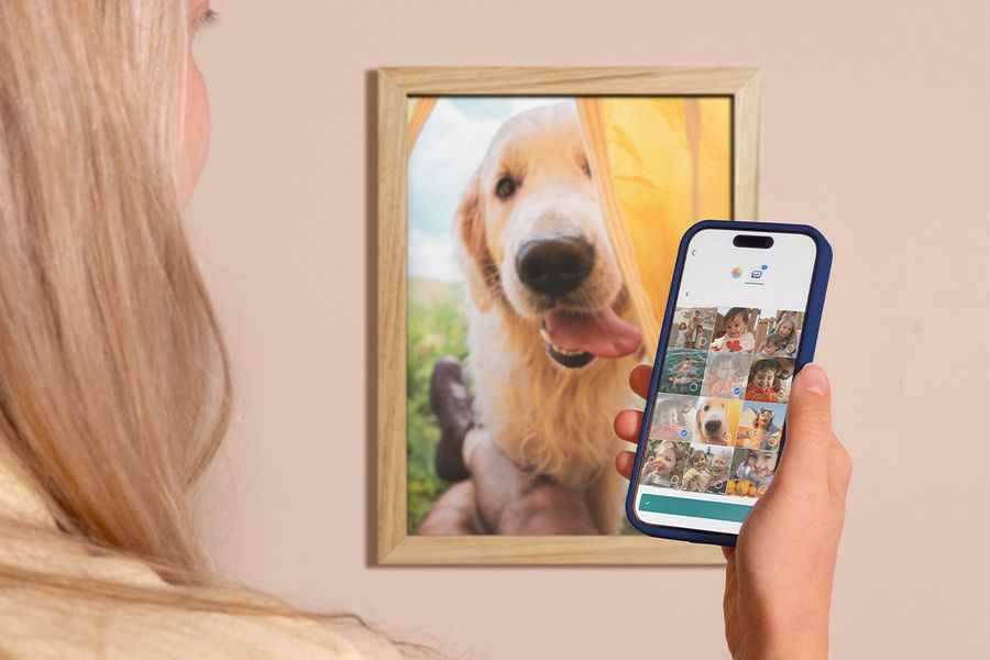 A woman uses her phone to look through her camera roll, with a framed Labrador photo on the wall behind her, showing how to organise digital photos and find the best moments to print.