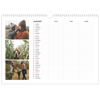 A3 Landscape Photo Calendar — Simple Planner - Family of 3