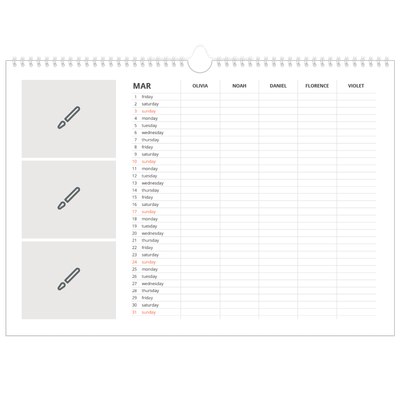Family Planners A3 Landscape — Design your own planner - Family of 5 [March]