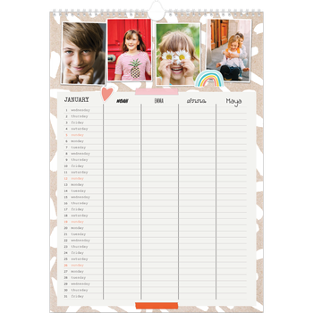A3 Photo Calendar — Rustic Planner - Family of 4