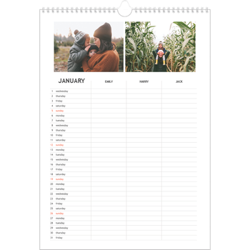 A3 Photo Calendar — Simple Planner - Family of 3