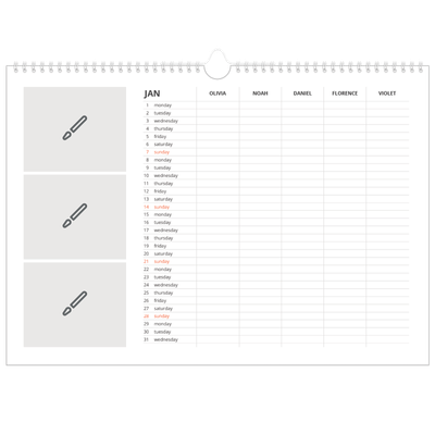 Family Planners A3 Landscape — Design your own planner - Family of 5 [January]