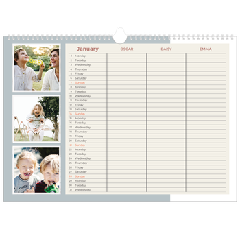 A3 Landscape Photo Calendar — Earthy frames Planner - Family of 3