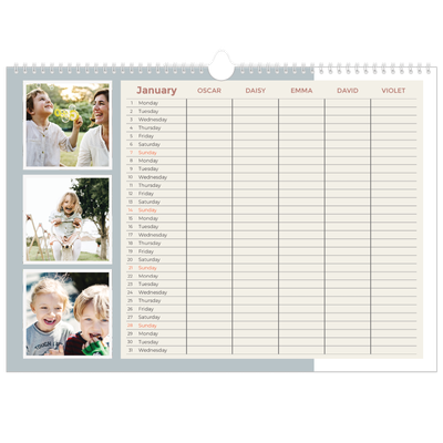 Family Planners A3 Landscape — Earthy frames Planner - Family of 5 [January]