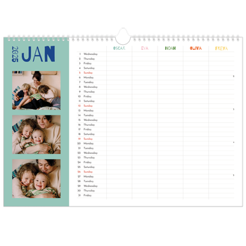 A3 Landscape Photo Calendar — Fun colourful you Planner - Family of 5