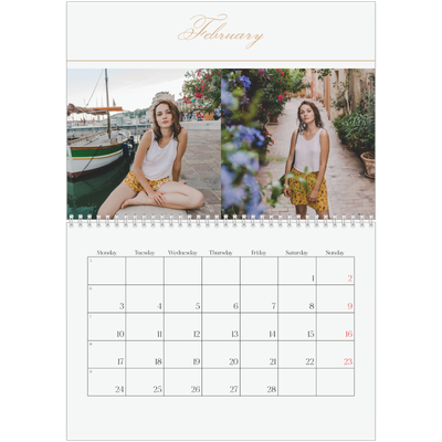 A4 Double Photo Calendar — Gold script banner [February]
